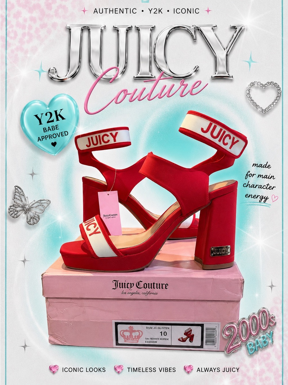Juicy Couture Red Satin Platform Block Sandals Logo Strap Chunky Heel Y2K Glam